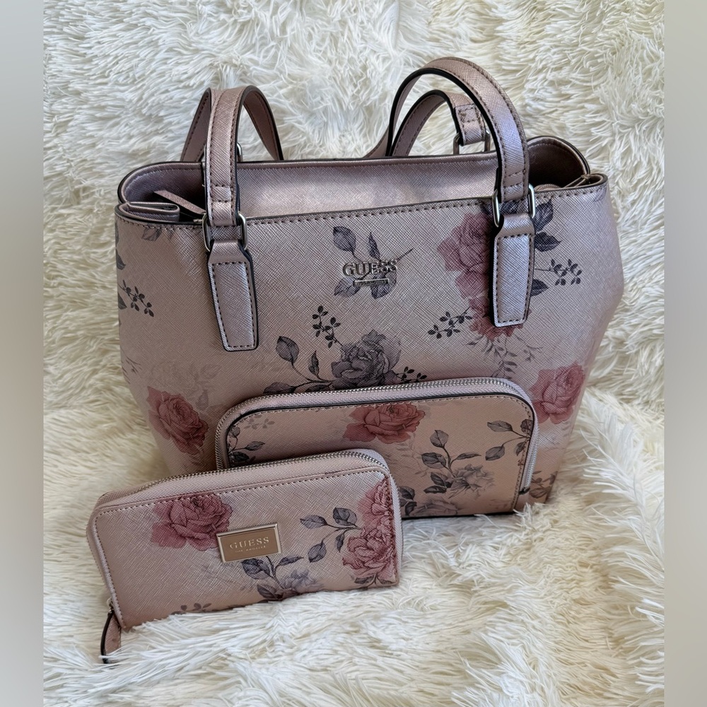 GUESS Rose Patterned Satchel and Wallet Set